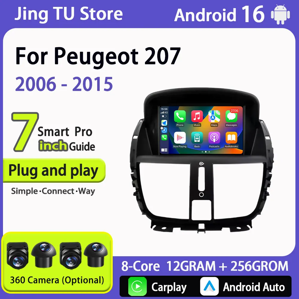 Radio estéreo para coche Android 16, Bluetooth, para Peugeot 207 2006 - 2015, CarPlay inalámbrico, navegación GPS, USB dual, WiFi, RDS, 7 pulgadas, DSP 1