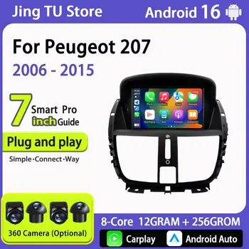 Radio estéreo para coche Android 16, Bluetooth, para Peugeot 207 2006 - 2015, CarPlay inalámbrico, navegación GPS, USB dual, WiFi, RDS, 7 pulgadas, DSP 1