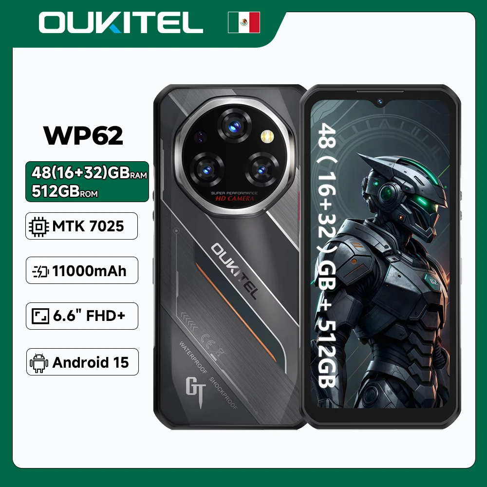 OUKITEL WP62 5G Teléfono Resistente, 11000mAh, Pantalla FHD+ de 6.6”, 48GB(16+32) +512GB, MTK 7025, NFC, Smartphone Android 15, Cámara Principal de 108MP, 120Hz