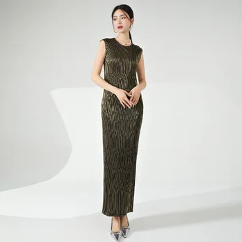 Elegante abito Miyake, vestito lungo dritto da donna estivo con stampa dorata, elegante abbigliamento formale in stile francese
