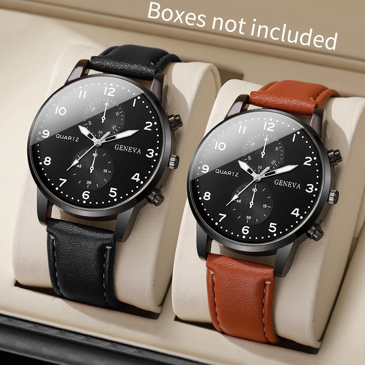2pcs/set Men's Casual Watch Classic Versatile Digital Scale Dial Leather Strap Analog Quartz Watch Combination Set (No Box)
