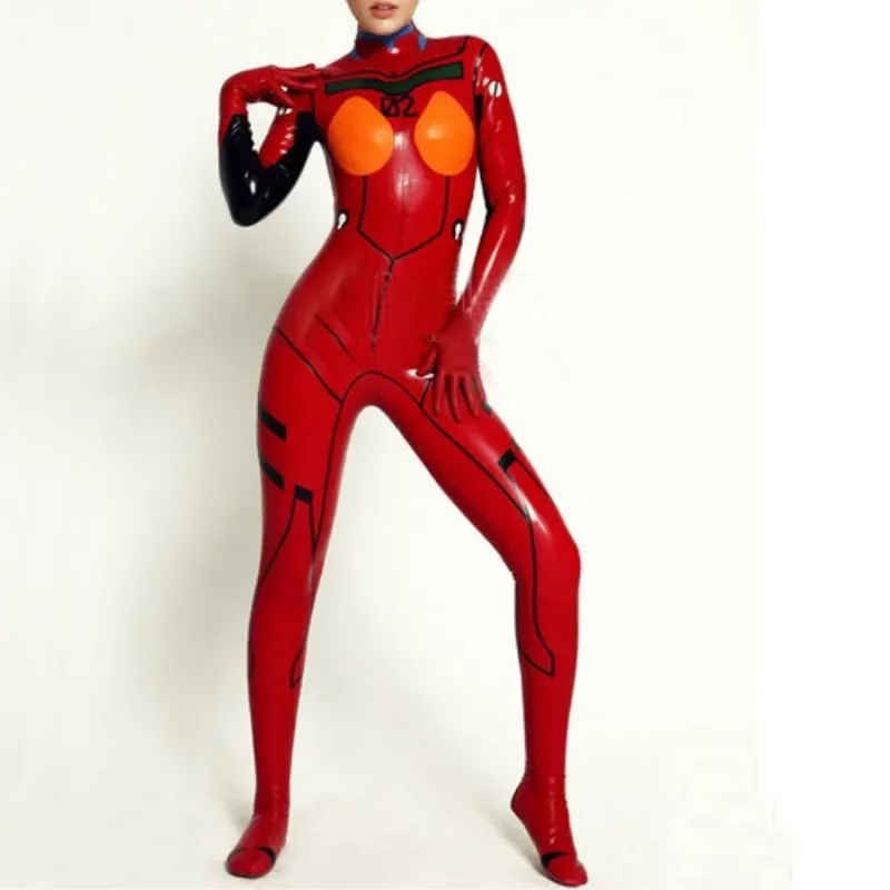 

Latex Natural 100% Rubber Sexy Full Body Red Orange Catsuit Racing Unisex Bodysuits Customize Size XXS-XXL