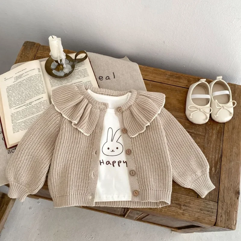 New Autumn 0-3Y Kids Girl Sweater Coat Solid Ruffle Patchwork Round Collar Single Breasted Knitted Tops Baby Cardigan E83272