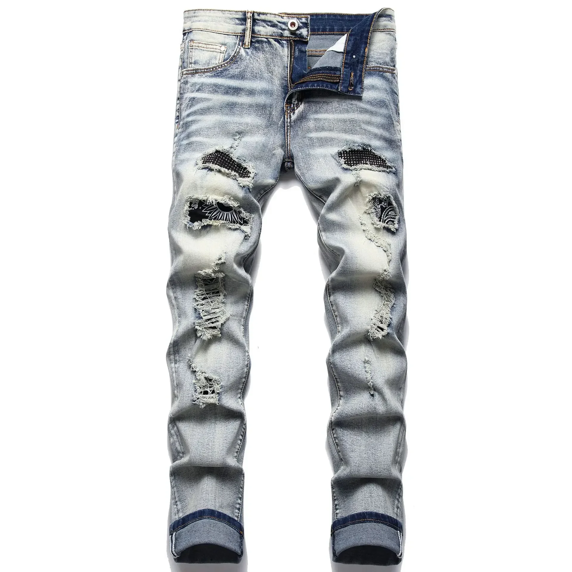 Punk Street Style Ripped Skinny Jeans Men Vintage Wash Solid Denim Trouser Mens Casual Slim Fit Pencil Denim Holes Pants men jeans ripped jeans ripped patchwork jeans