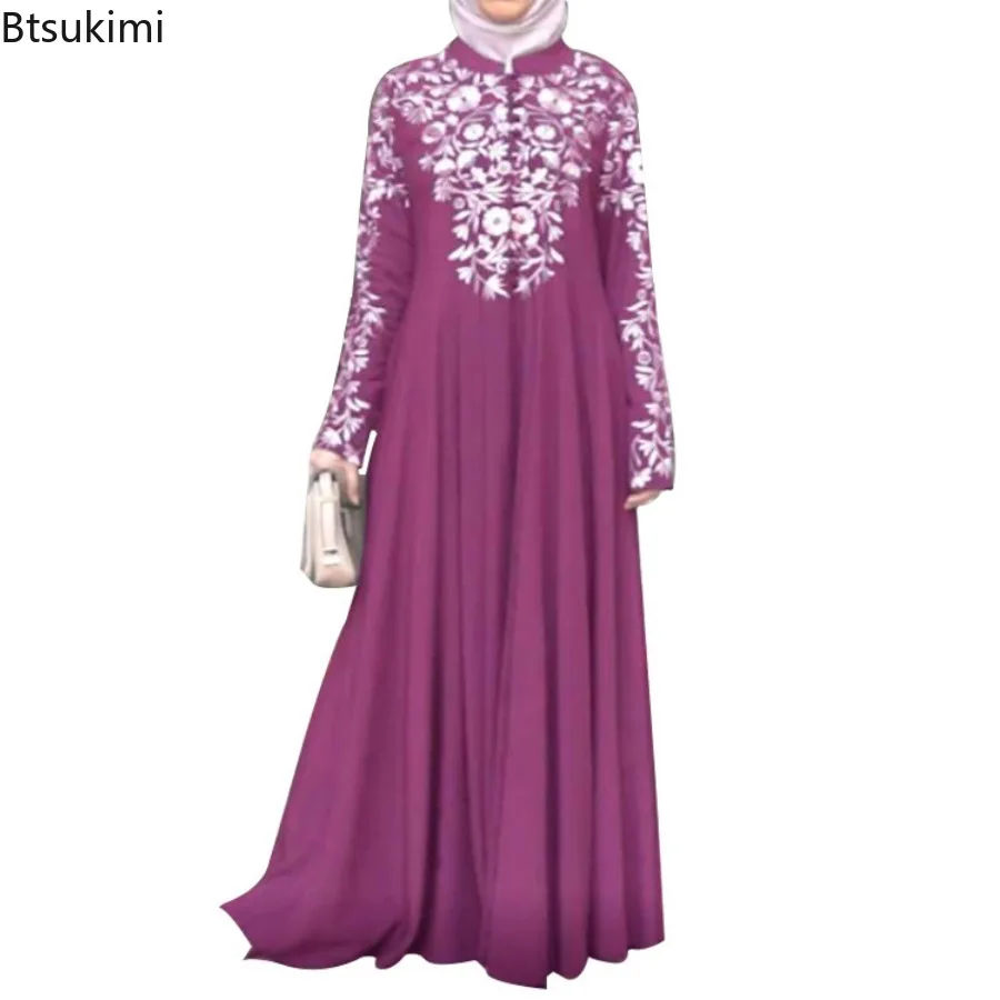 Eid Muslim Maxi Dress for Women Abaya Hijab Turkey Kaftan Ethnic Style Printed Stand Collar Robe Female Elegant Vintage Vestidos