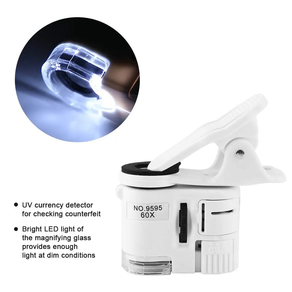 Magnifying Glass with Light 60x Zoom Microscope LED UV Light Clip-on For Universal Mobile Phones