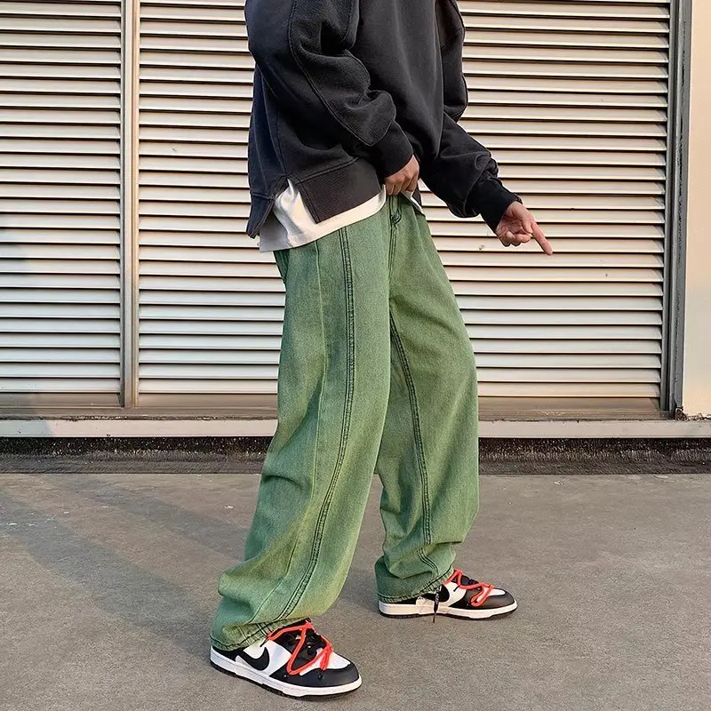 Cargo Jeans Men\'s New Hong Kong Style Trend Street Baggy Green Denim Trousers Wide Leg Casual Fashion Green Male Pants