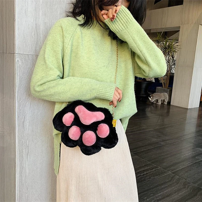 Cartoon Cute Plush Cat Paw Zipper Shoulder Bag Large Capacity