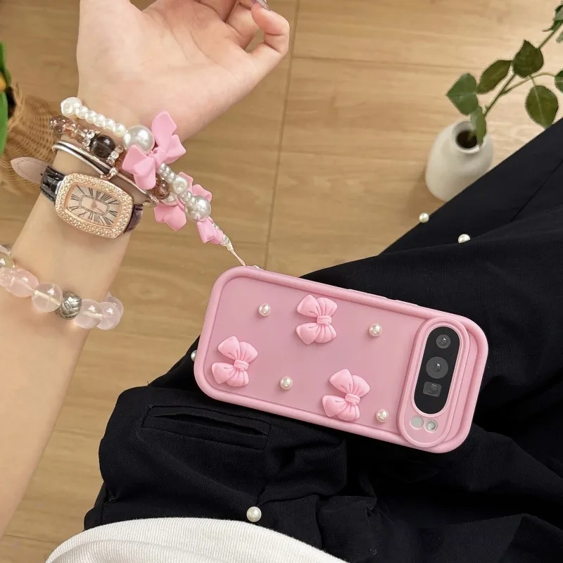 Elegant Bowknot Faux Pearl Chain Phone Case with Short Strap Lanyard