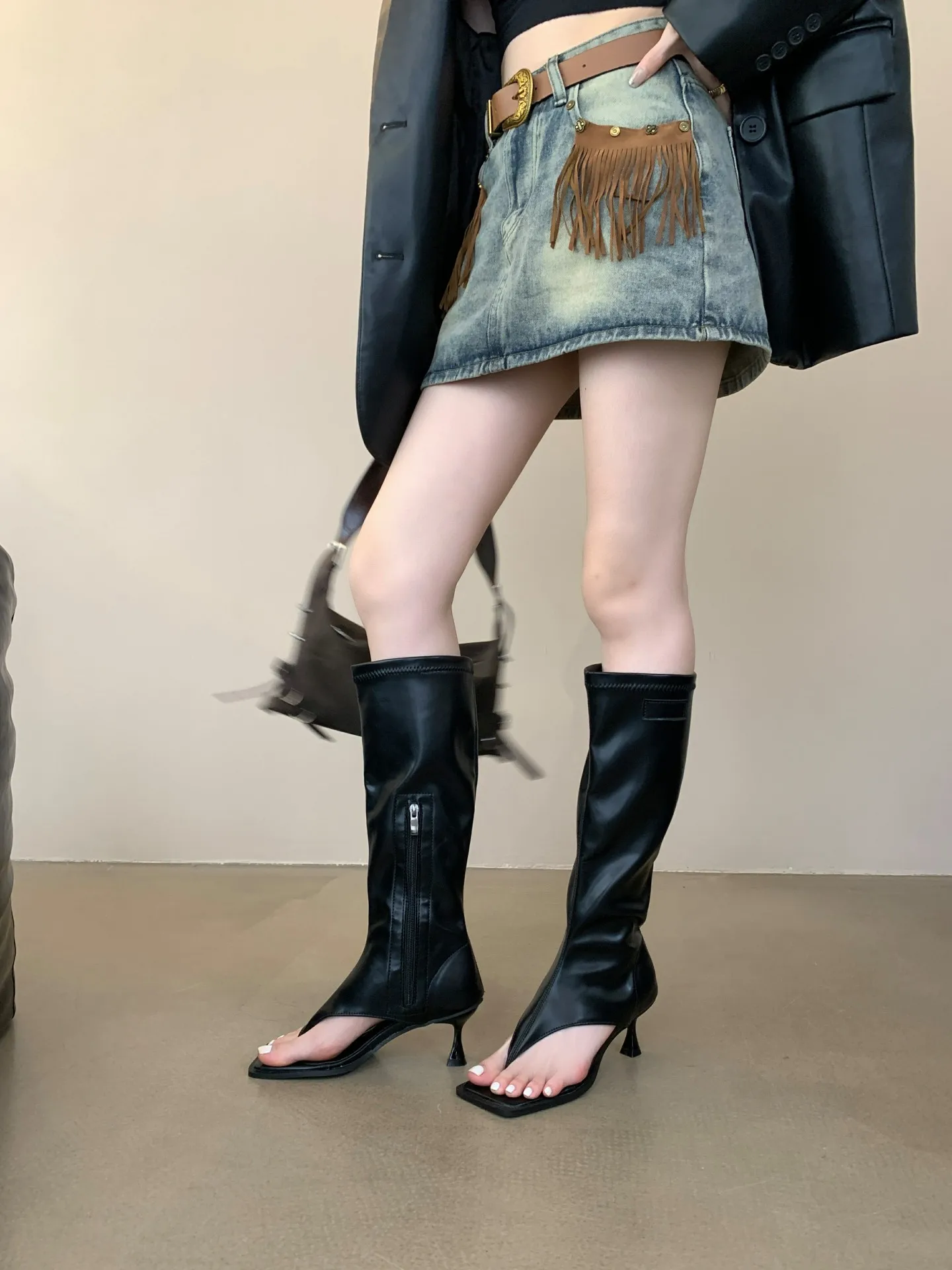 Aneikeh 2025 Sexy PU Square Head Clip Toe Sandals Boots Women's Thin Heel Side Zipper Sewing Chelsea Knee High Boots Party Ball