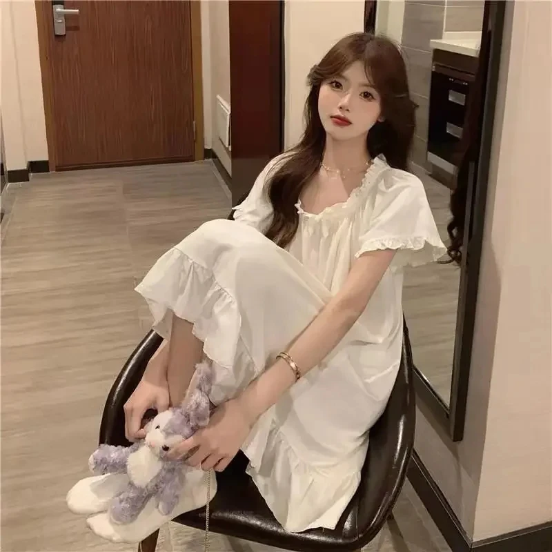 White Nightgowns Women Sweet Kawaii Girls Nightdress Princess Ruffles Square Collar Short Sleeve Summer Lounge Wear Sleepwear - 2