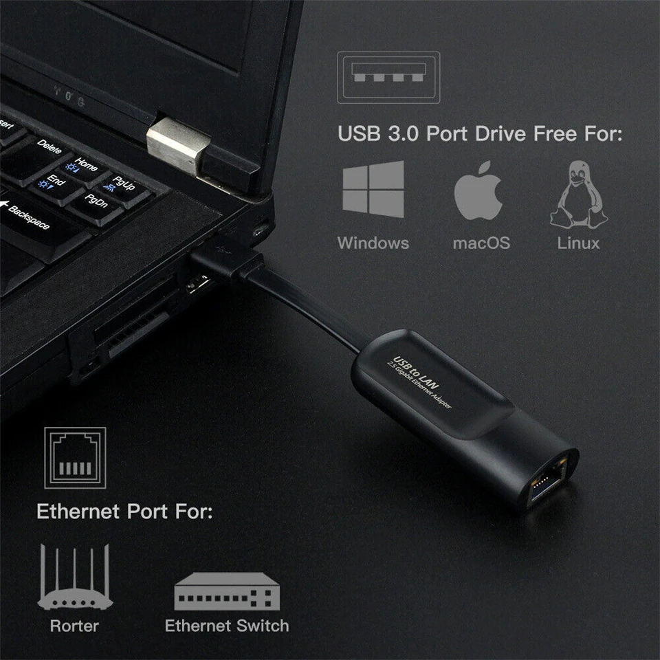 맥 노트북 PC용 C타입 이더넷 기가비트 네트워크 어댑터, 2.5G USB3.0, 2500Mbps USB 3.0, RJ45 LAN 유선 네트워크 카드, 2.5Gbps