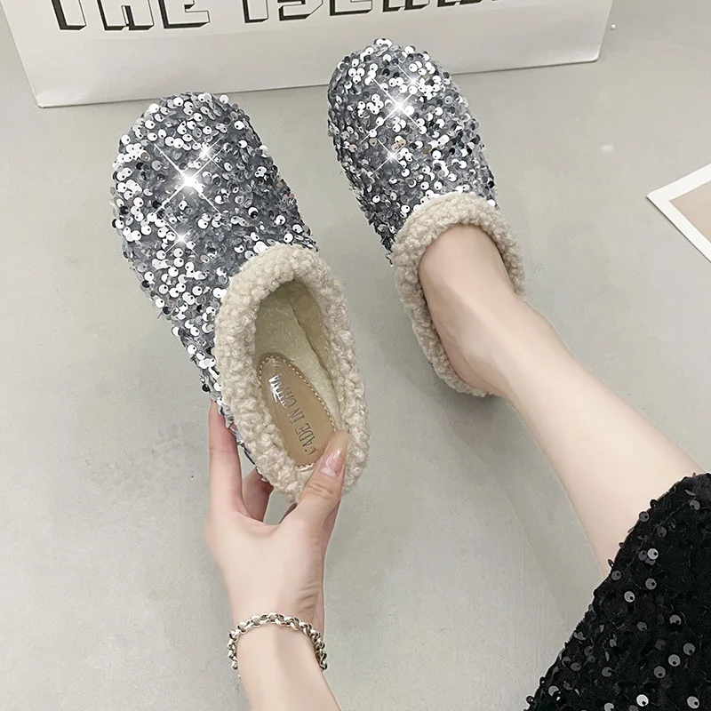2026 Winter Sequined Cotton Slippers Fashionable, Beautiful with Unique Style Comfortable and Casual Flat Shoes for Women