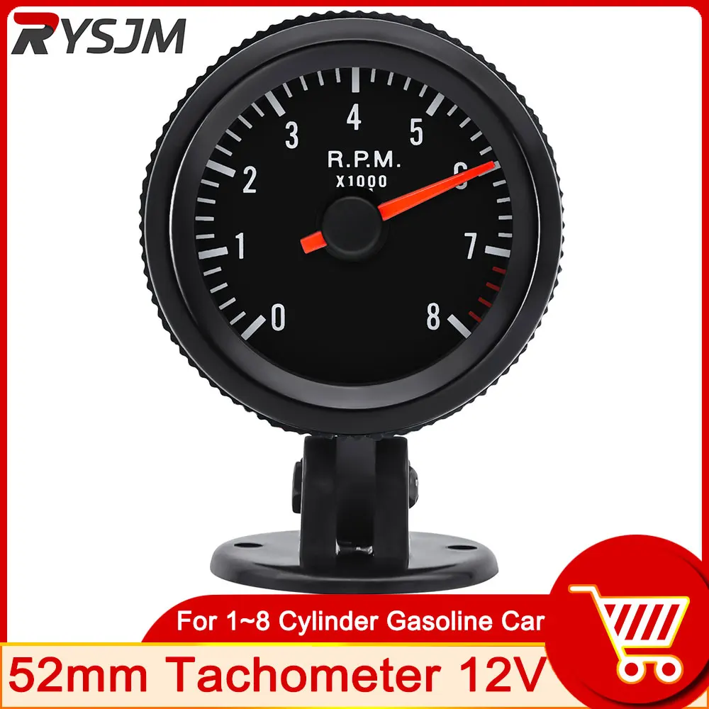 8K Tachometer 12V Car Tacho Meter 52mm With White LED Gauge 8000 RPM For 1-8 Cylinders Engine + Gauge Holder Engine Tachometer Tachometer Gauge Tachometer Meter