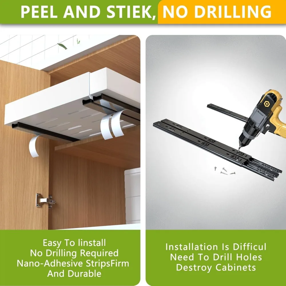 2 Pack Pull Out Cabinet Organizer 21" Deep Expandable Slide Out Drawer Organizers,No Drill Pull Out Drawers Adhesive 4