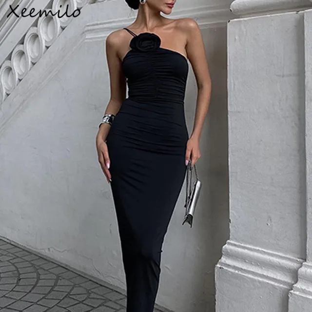 Xeemilo Elegant Sleeveless Slim Black Dress Aesthetic Oblique Strap Backless Prom Dresses French Retro Evening Party Skinny Robe 1