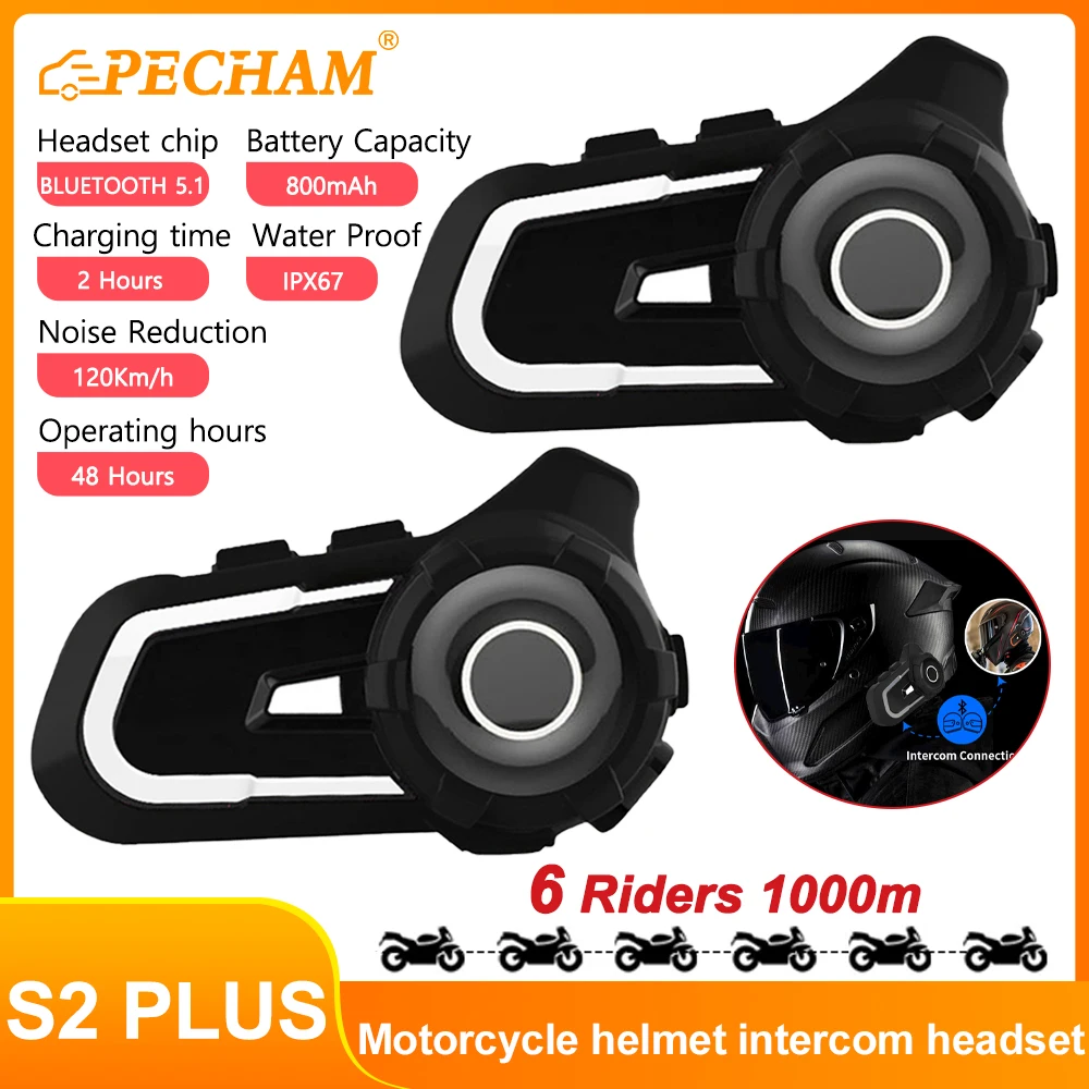 

S2 PLUS Motorcycle Bluetooth Intercom BT5.1 Music Sharing 6 Riders 1000m Group Helmet Communication Speaker Headset Interphone