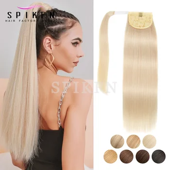 SPIKFN Straight Human Hair Ponytail Extensions Straight "14-22" Virgin Natural Brazilian Remy Wrap Clip In Hair Extensions