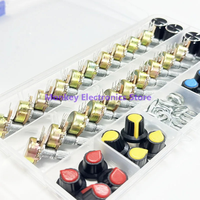Potentiometers adjustable resistor multiturn potentiometer linear potentiometer rotary potentiometer potentiometer knobs potentiometer kit trimmer potentiometer WH148 Single 3pines 40PCS Kit box switch 15MM potenciometro B5K 10K 20K 50K 100K With 20PCS Knobs Set Shaft Nut