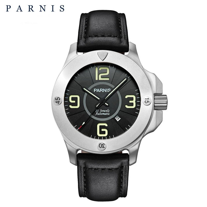 

Parnis 47mm Silver Stainless Steel Case Mechanical Men's Watches Leather Strap Sapphire Crystal Automatic Men Watch reloj hombre