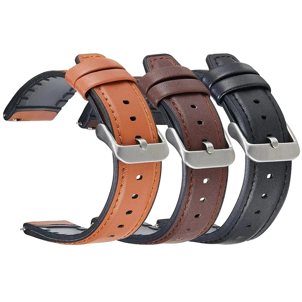 22mm Leather Silicone Hybrid Watch Strap Replacement Band, 46mm Bracelet Correa
