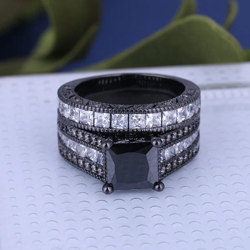 His And Hers Wedding Ring Set - Women's Black CZ Engagement Ring & Men's Stainless Steel Band - View #5