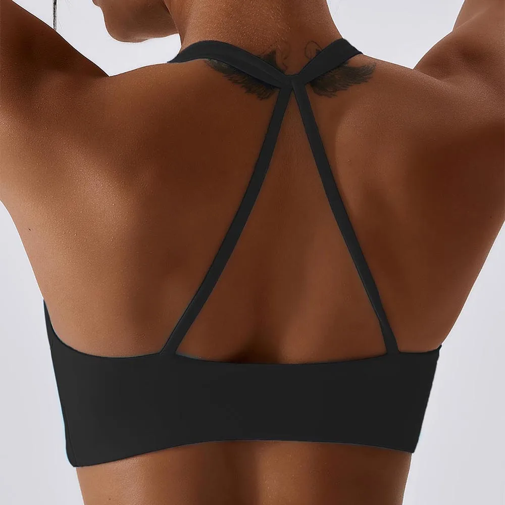 Sports Bra Women Solid Halter Neck High Elastic Removable Padded