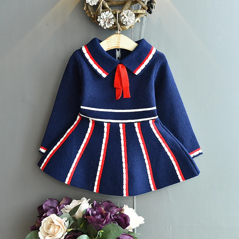 

Girls Sweater Dress 2023 Autumn Winter College Wind Striped Lapel Pleated Spring and Autumn Children'S Princess Bottoming Dress