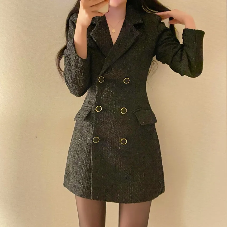 Autumn Winter Elegant Tweed Blazer Dress Double Breasted Slim Short Dresses for Women Korean Fashion Office Lady Coat Dress New