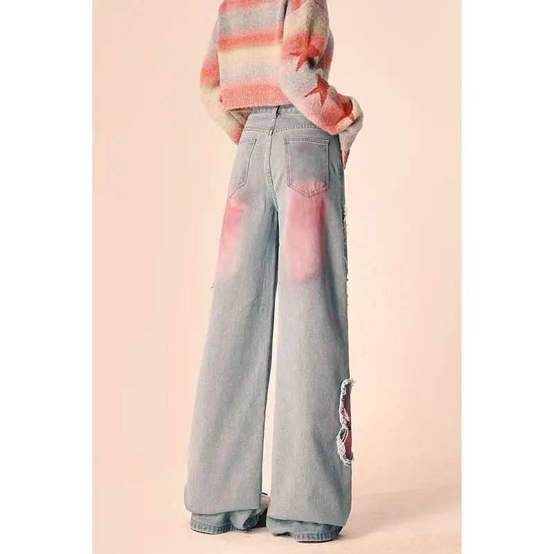 American retro butterfly embroidery design raw edge jeans for women in spring and autumn sweet and cool wide-leg straight pants