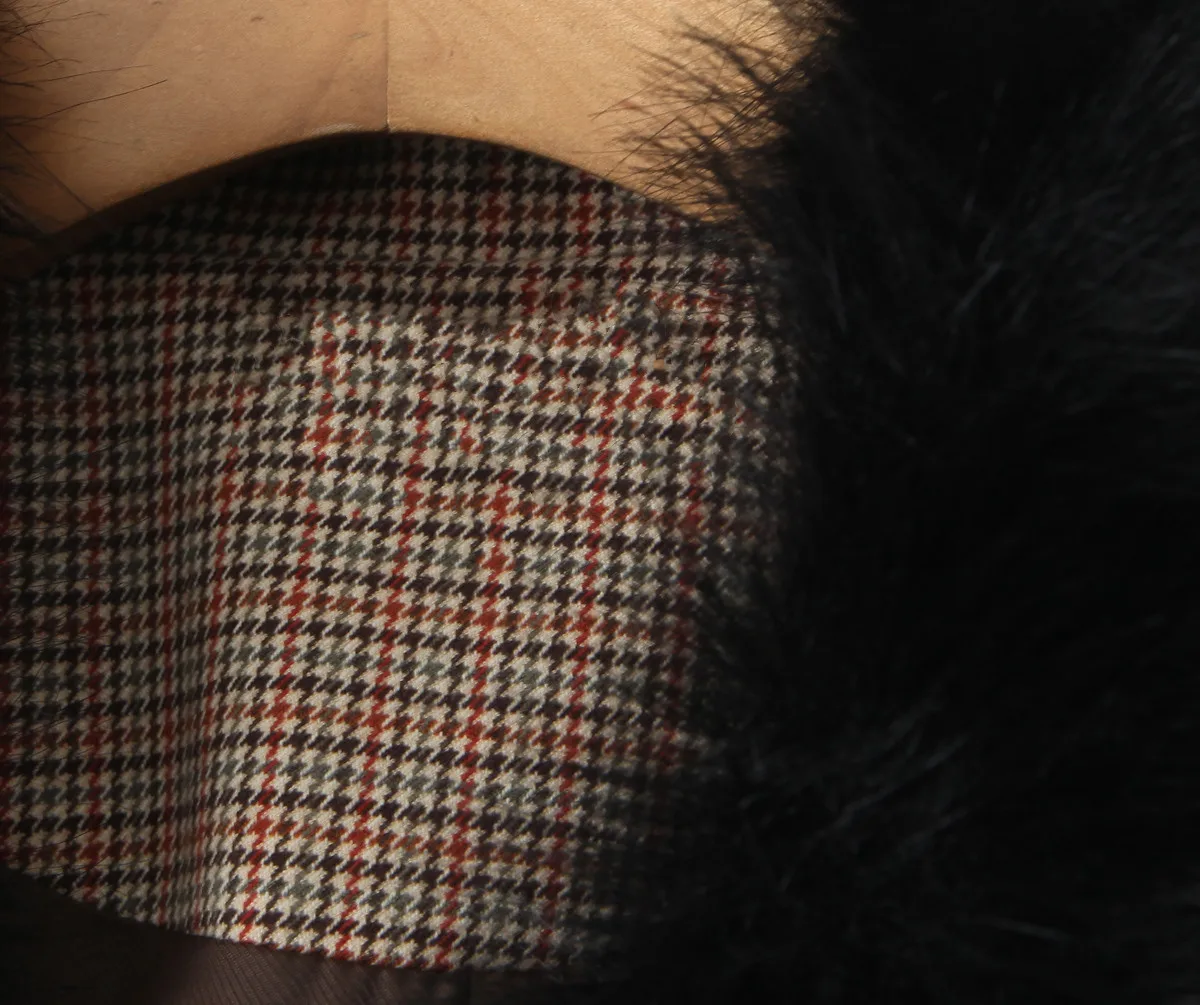 2 pieces 1 set Women Slim Boning Waist Removable Faux Fur Collar Houndstooth Plaid Blazer + High Waist A line Mini Skirt Suits