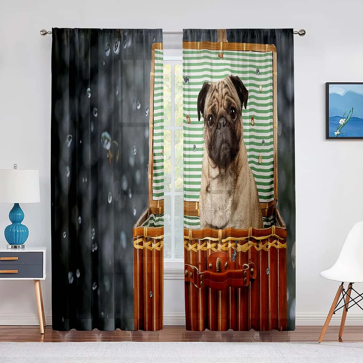 Cute Puppy Pug Dog Twins Tulle Curtains for Living Room Bedroom Home Kitchen Animals Window Sheer Voile Curtains Chiffon Drapes 4