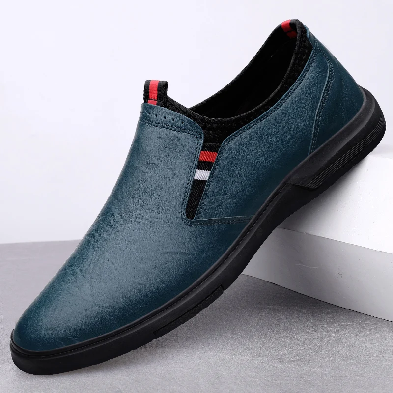 Blue Business Leather Shoes Casual Shoes for Men Slip-on Loafers Soft Italian Style Flats Super Light Moccasins Plus Size 37-46