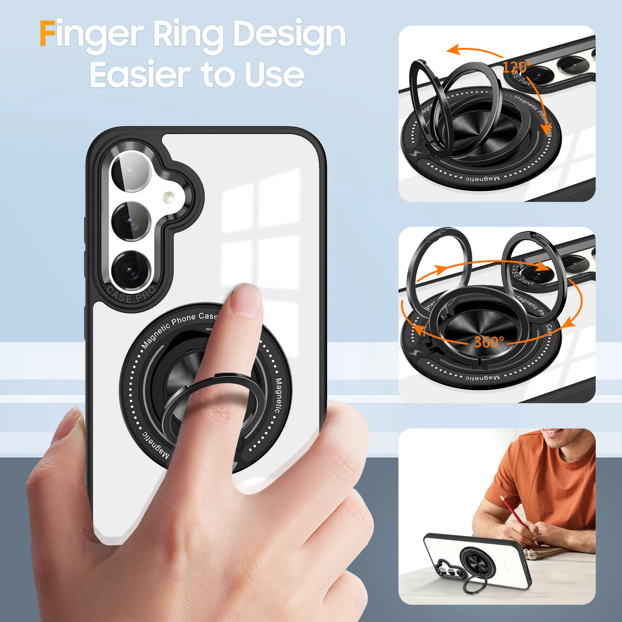 Clear Metal Ring Holder MagSafe Charging Phone Case with Shockproof Hard Cover and Metal Camera Frame