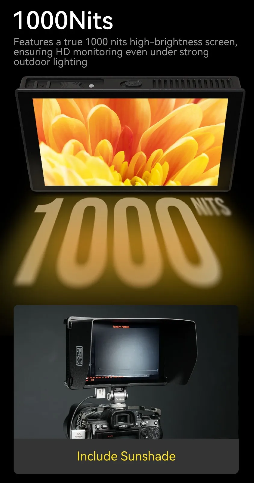 HD7T 7 inch Touch Screen DSLR Camera Field Monitor, 1000 Nits High-Bright, Video