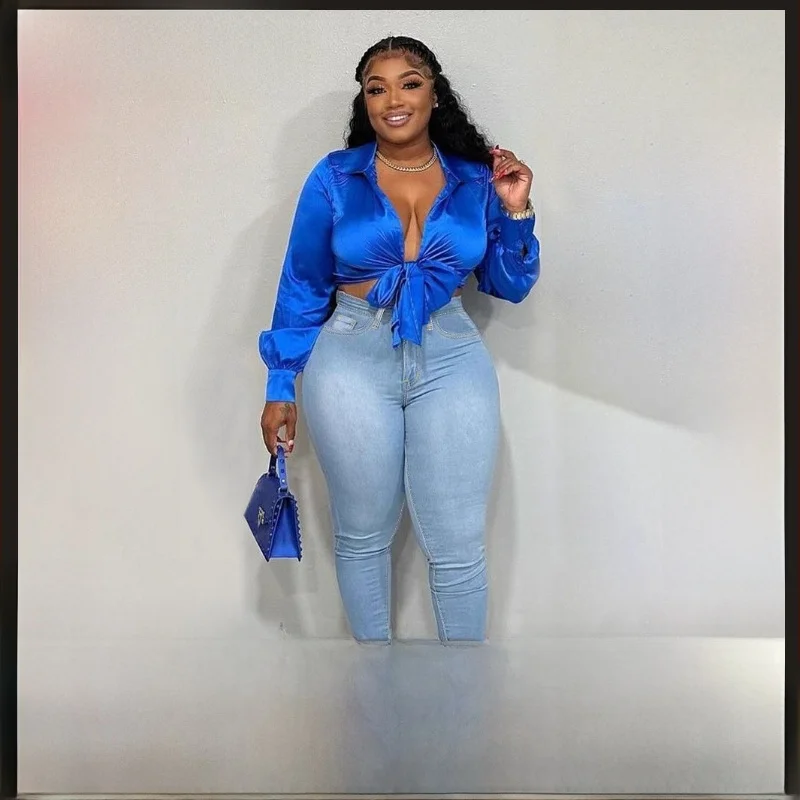 جينز نسائي عالي الخصر بسحاب مقاس كبير جينز عالي المرونة بقصة ضيقة مثير على طراز الشارع سروال طويل مزيج من القطن والبوليستر