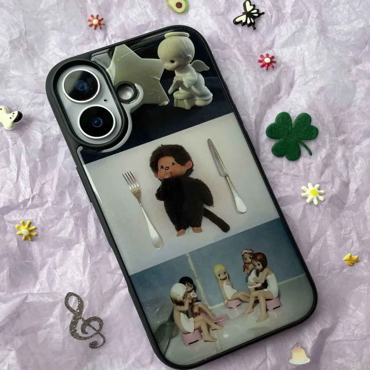 Retro Y2K Niche Doll Splicing Dimple Shockproof Phone Case with Silver Border