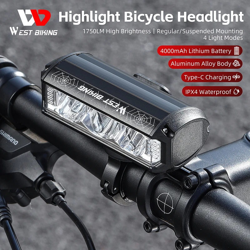 WEST BIKING-luz de 1750 lúmenes para bicicleta, 3 LED, gran angular, indicador de potencia, recargable tipo C, luz de carretera de liberación rápida