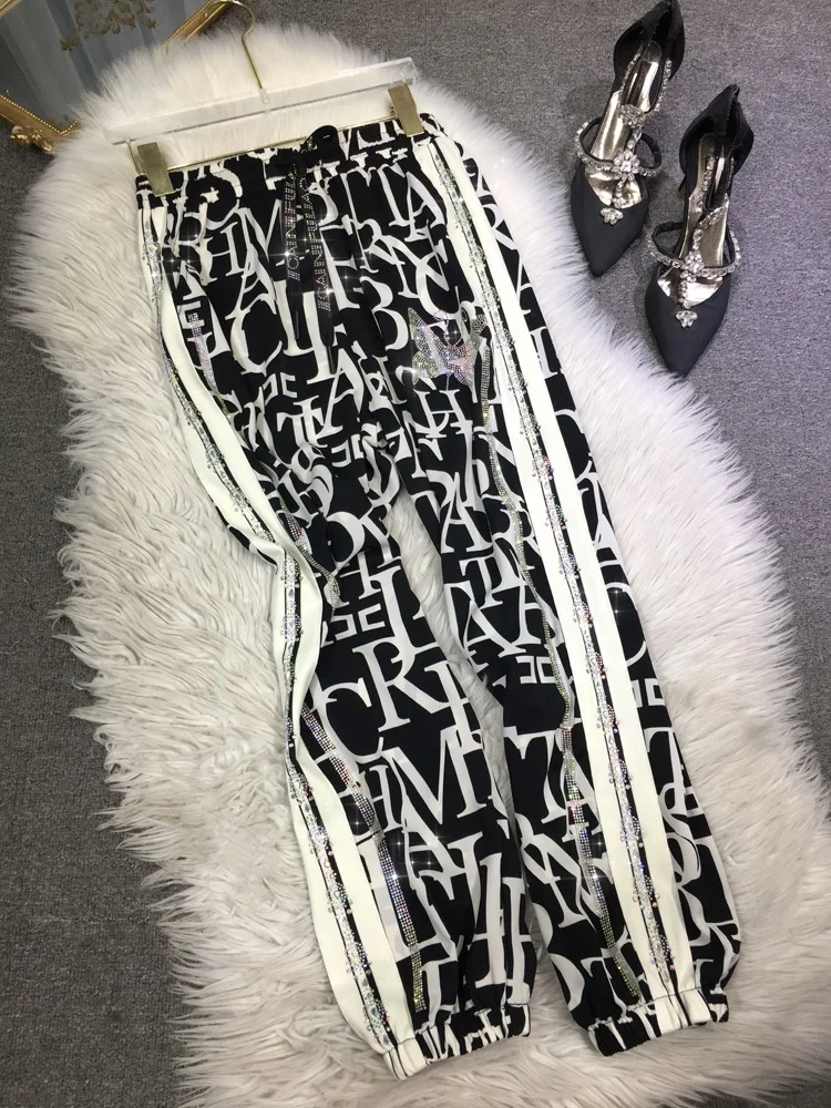 Blingbling Hot Drilling Ankle-length Pants 2023 New Summer Black White Letters Casual Chiffon Trousers Elastic Waist Sweat Pants