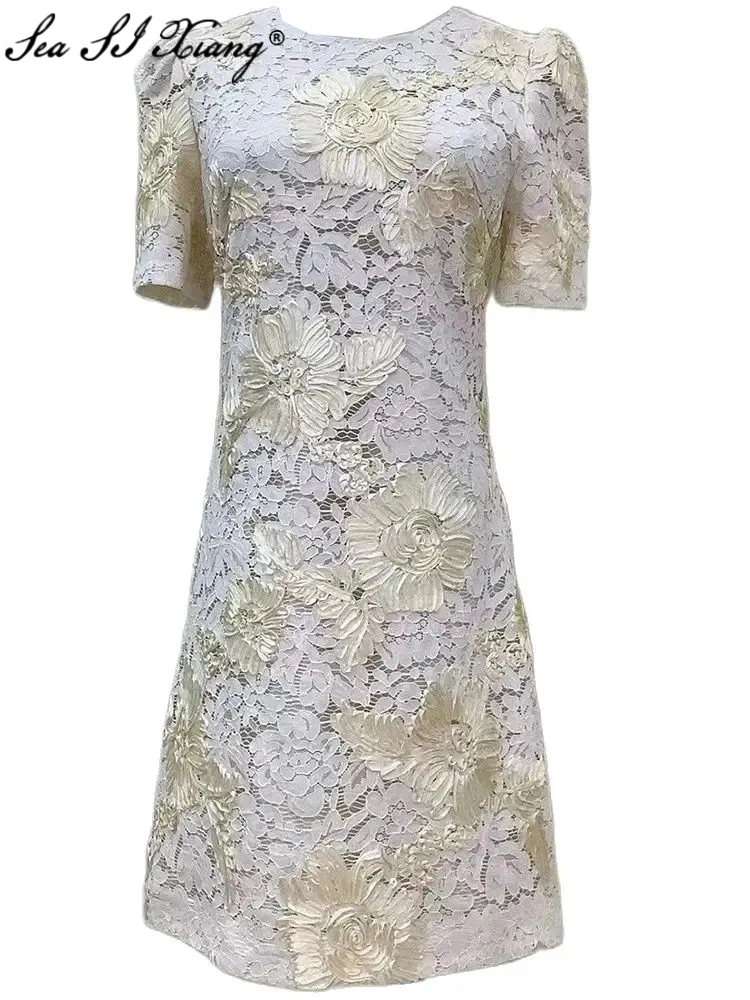 

Женское кружевное мини-платье с круглым вырезом и коротким рукавом