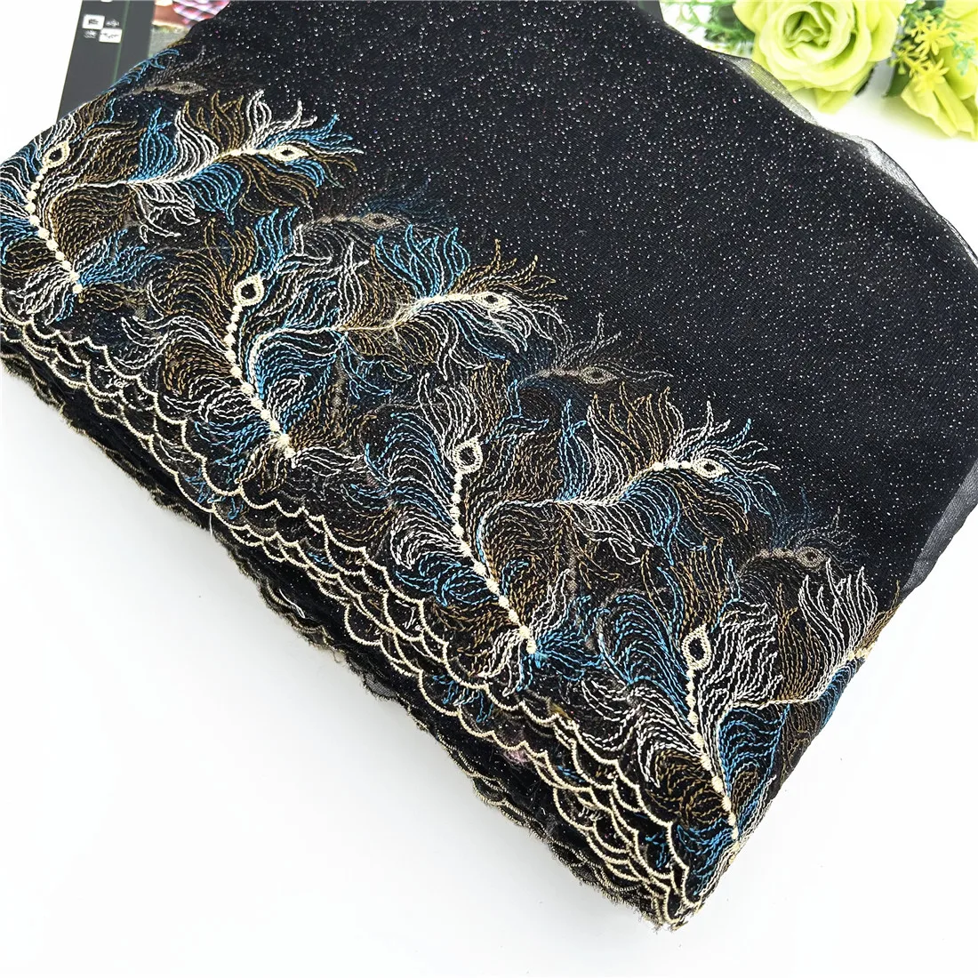 3y/lot Width7 7/8 inch (20cm) Black Shimmer Foil Embroidery Lace Trim Skirt Hem Clothes Sewing Material DIY Apparel Dress Fabric 3