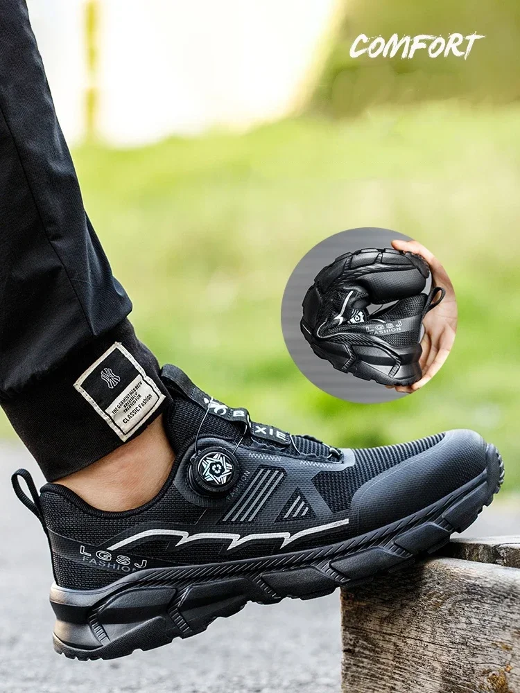 Lightweight Rotating Button Men Work Safety Shoes Anti-smash Anti-puncture Steel Toe Protective Sneakers Construction Footwear