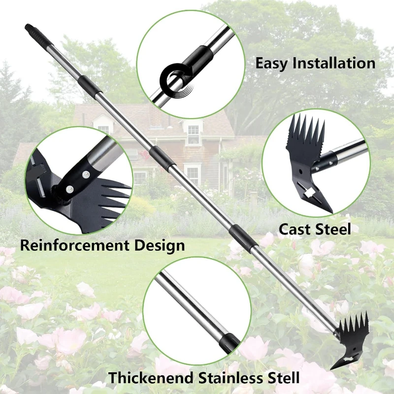 148cm Long 4-section Assembly Weed Puller Tool with Handle Manual Weeder Remover 2 in 1 Hand Weed Rake Garden Hoe for Gardening