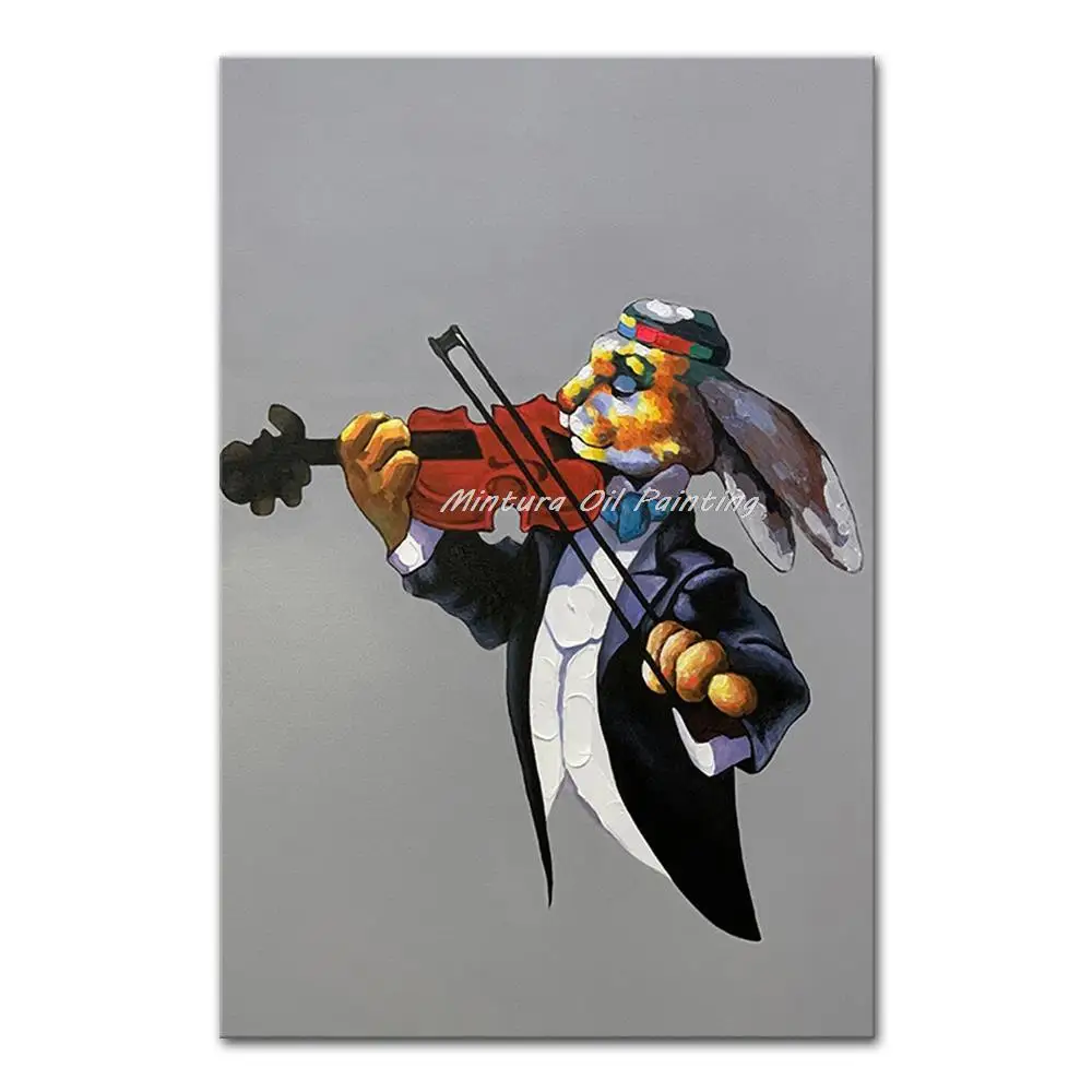 

Mintura Hand-Painted Handmade Oil Paintings on Canvas,The Rabbit Play Violin Wall Art,for Living Room Animal Picture Hotel Decor