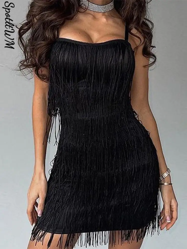 Women Sexy Tassel Spaghetti Strap Mini Dress Female Robe Stitching High