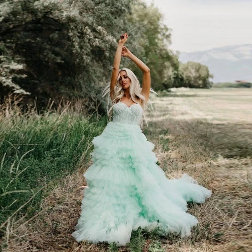 

Summer Mint Green Prom Gowns Maxi Dresses Tulle Beading Ruffled Ball Gown Lush Dubai Evening Party Dress бальное платье женское