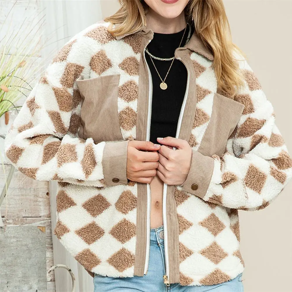 

Women Teddy Fleece Sweater Corduroy Patchwork Fluffy Jacket Vintage Sherpa Puffy Cardigan Diamond Plaid Warmth Tops