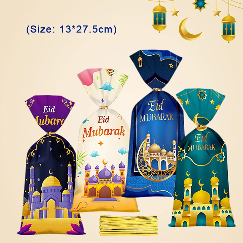 50pcs Eid Mubarak Gift Bags Plastic Cookie Candy Bag Ramadan Kareem Decor Islamic Muslim Eid Al-fitr Party Supplies
