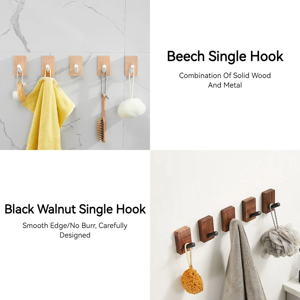 No Punching White/Black Walnut Coat Hooks Wall Hanging Bathroom Hooks For Towel & Coat Wooden Decorative Wall Hanger