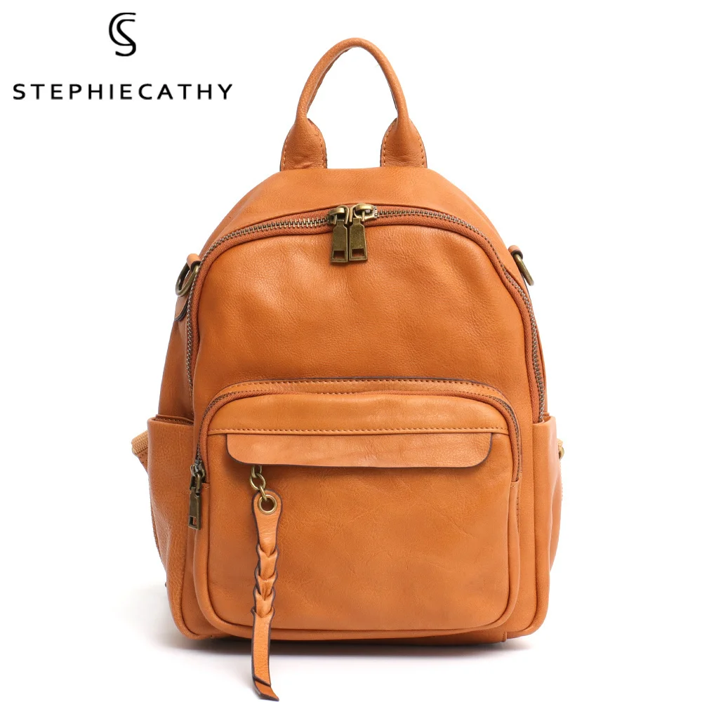 

SC Vintage Italian Cow Leather Backpack Women Casual Retro Shoulder School Day Pack Bags Functional Zip Pocket Travel Knapsack